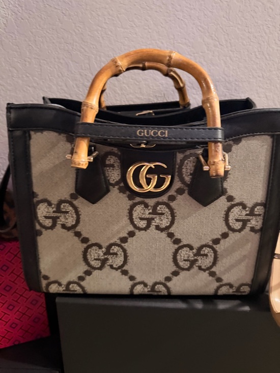 Gucci Handbags - Gucci Beige GG Canvas Tote with Black Trim and Bamboo Handles